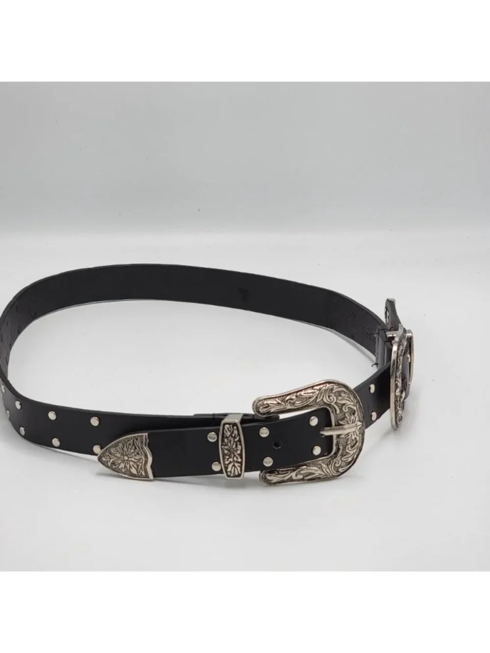 Western-Style Black Leather Belt With Dual Ornate Silver Buckles & Stud Details